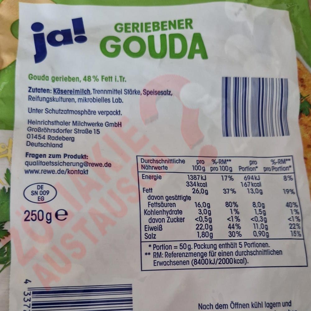 Zutatenliste - geriebener Gouda